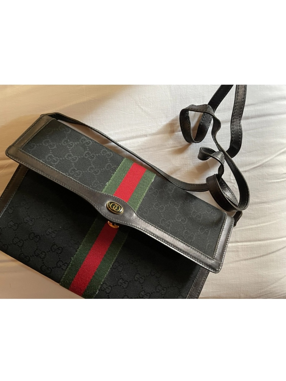 Gucci Black GG Canvas Shoulder Bag or Clutch with Green-Red Web Stripe - Picture 12 of 12